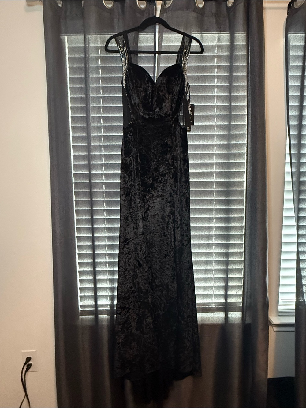 Black Crushed Velvet Evening Gown with Embellished Straps